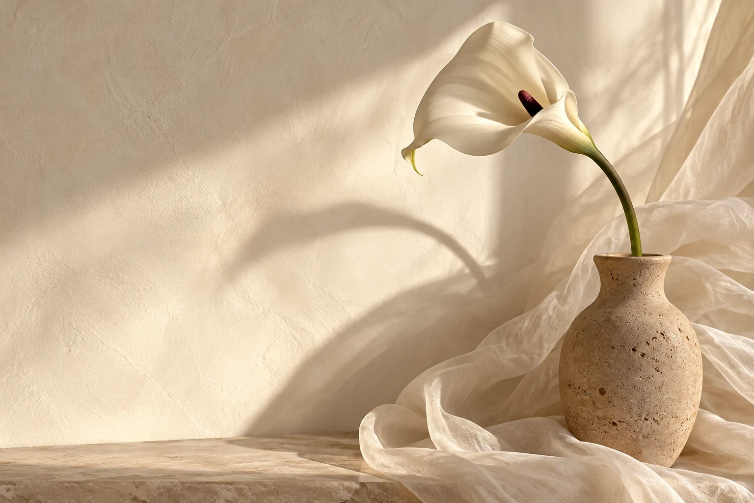 Composição artística de uma flor branca, tecido e luz suave